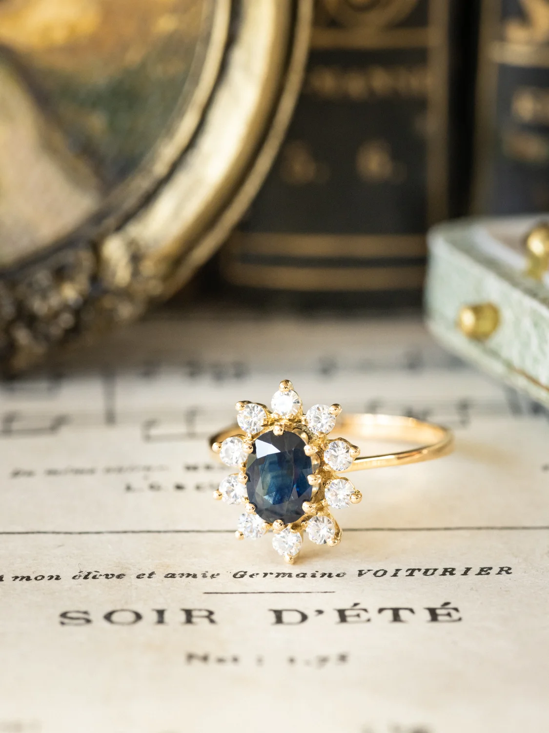 LA GERSENDE, magnifique bague Marguerite vintage en or jaune 18 carats, saphir & diamants étincelants ✨