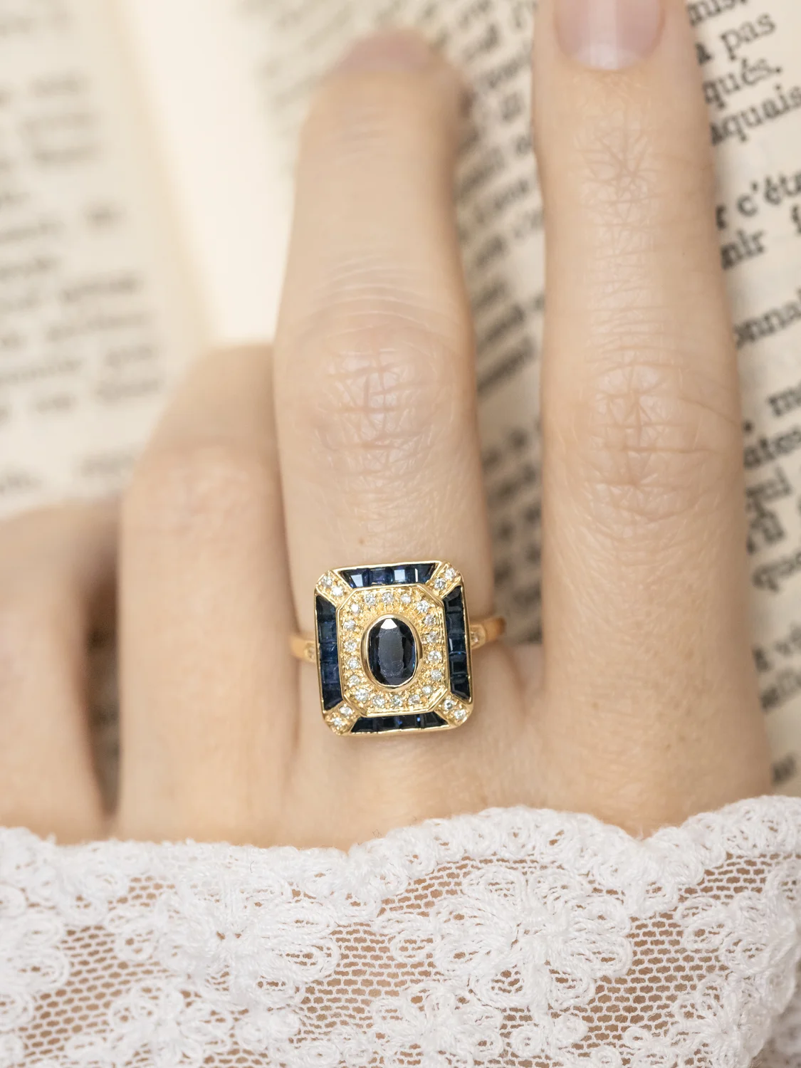 LA THERESA, magnifique bague octogonale vintage de style Art Déco en or 18 carats, saphirs & diamants ✨