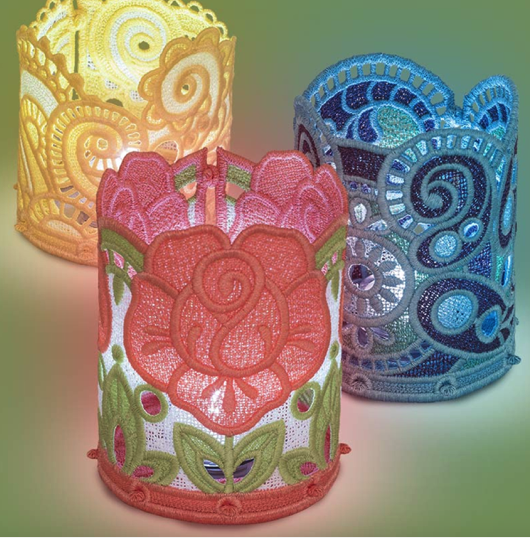 Geborduurde theelicht houder in verschillende lentedessins