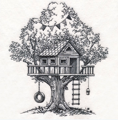 Kussenhoes met geborduurde tekening van boomhut