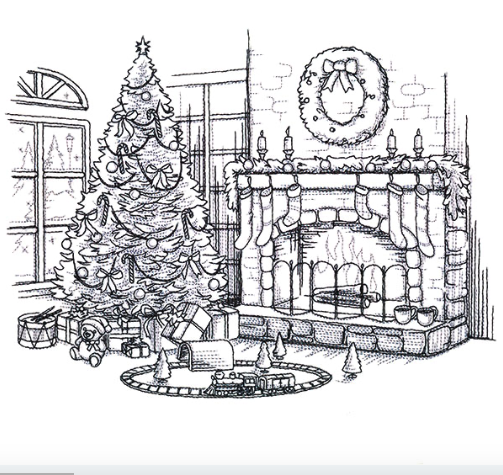 Kussenhoes met geborduurde kerstboom en openhaard