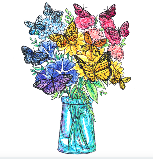 Kussenhoes met borduursel van kleurrijke vaas