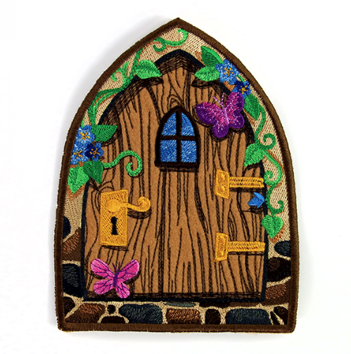 Geborduurde onderzetter in de vorm van een magische elven/ kabouter deur