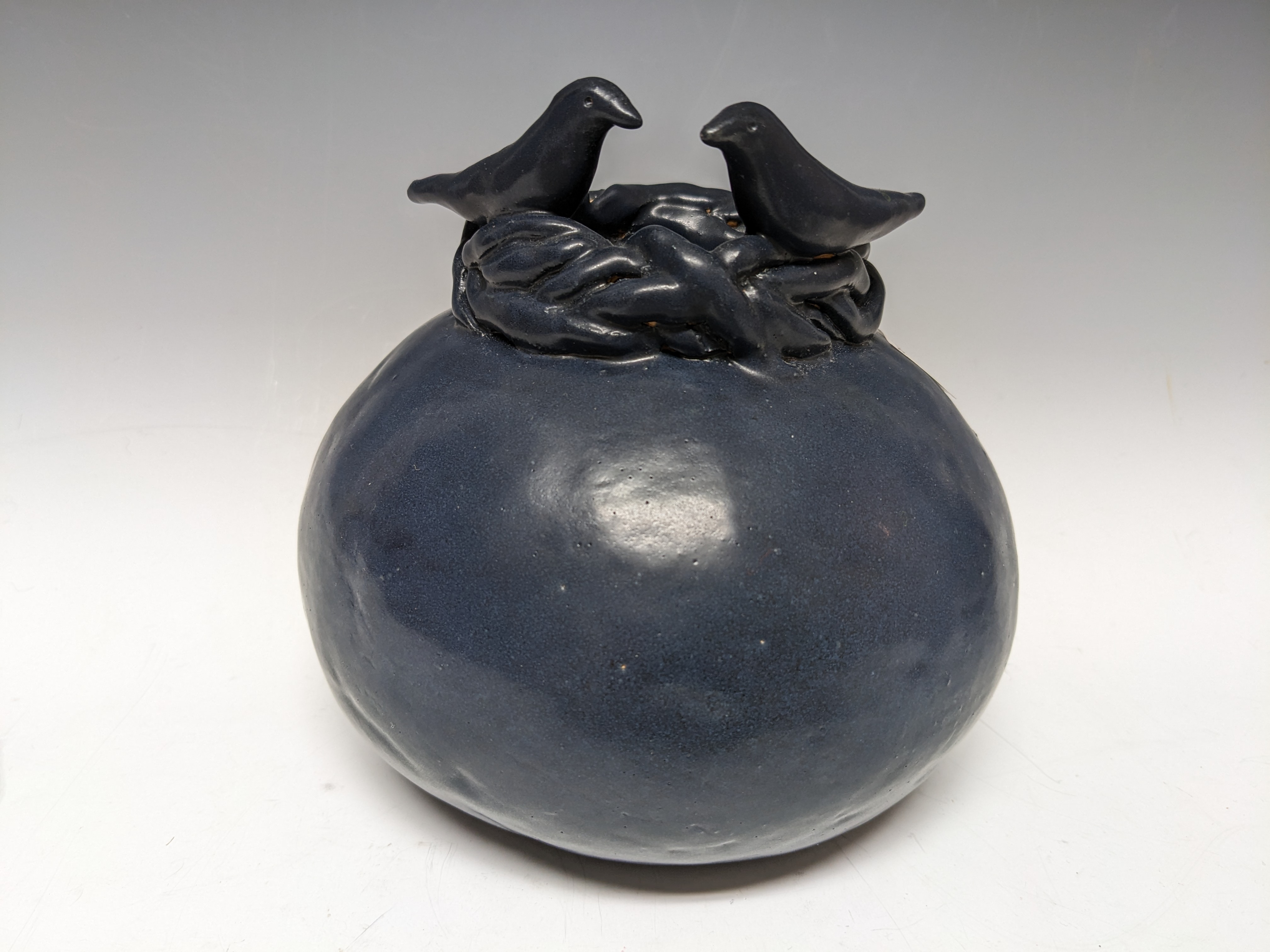Round Blue Vase with Ravens
