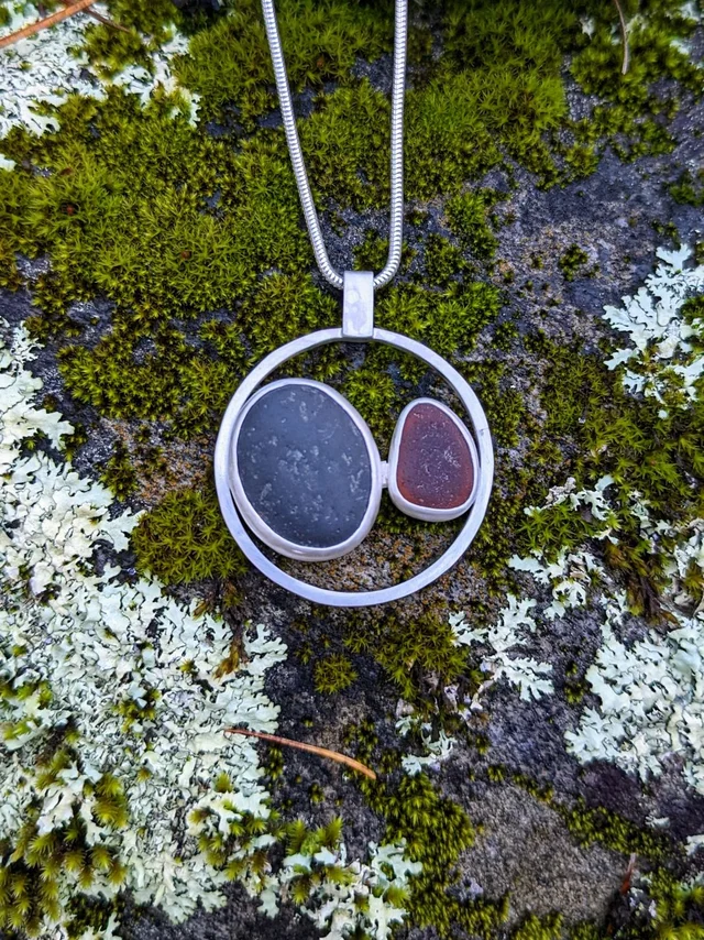 Round Basalt & Brown Sea Glass Pendant