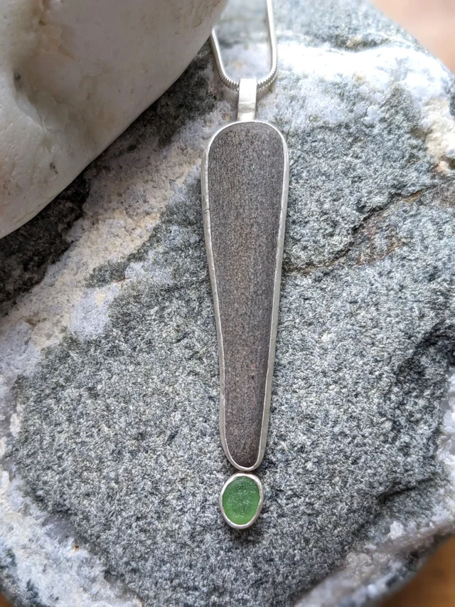 Granite, Basalt, White Sea Glass Cluster Pendant