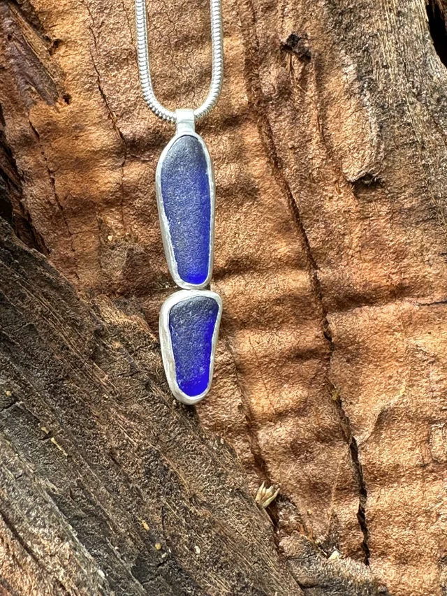 Deep Blue Sea Glass Double Pendant