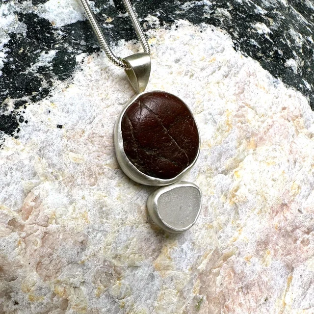Red Chert & White Sea Glass Pendant