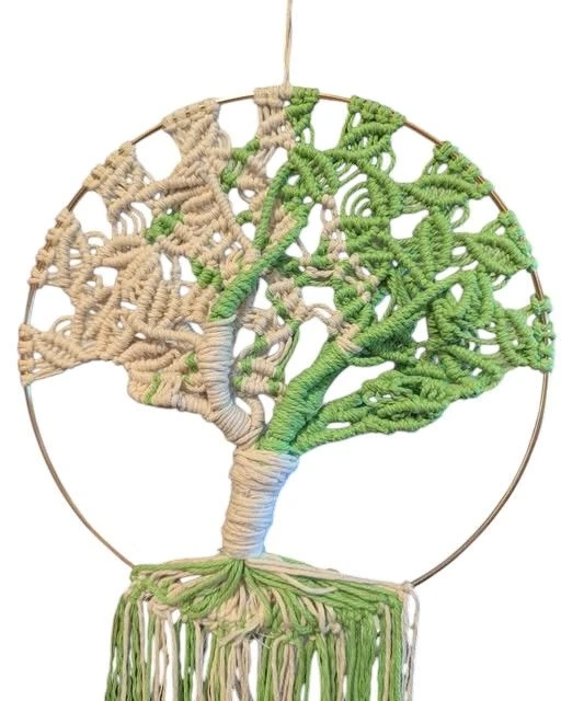Handmade 10" Hoop Two Tone White and Green Macrame Tree