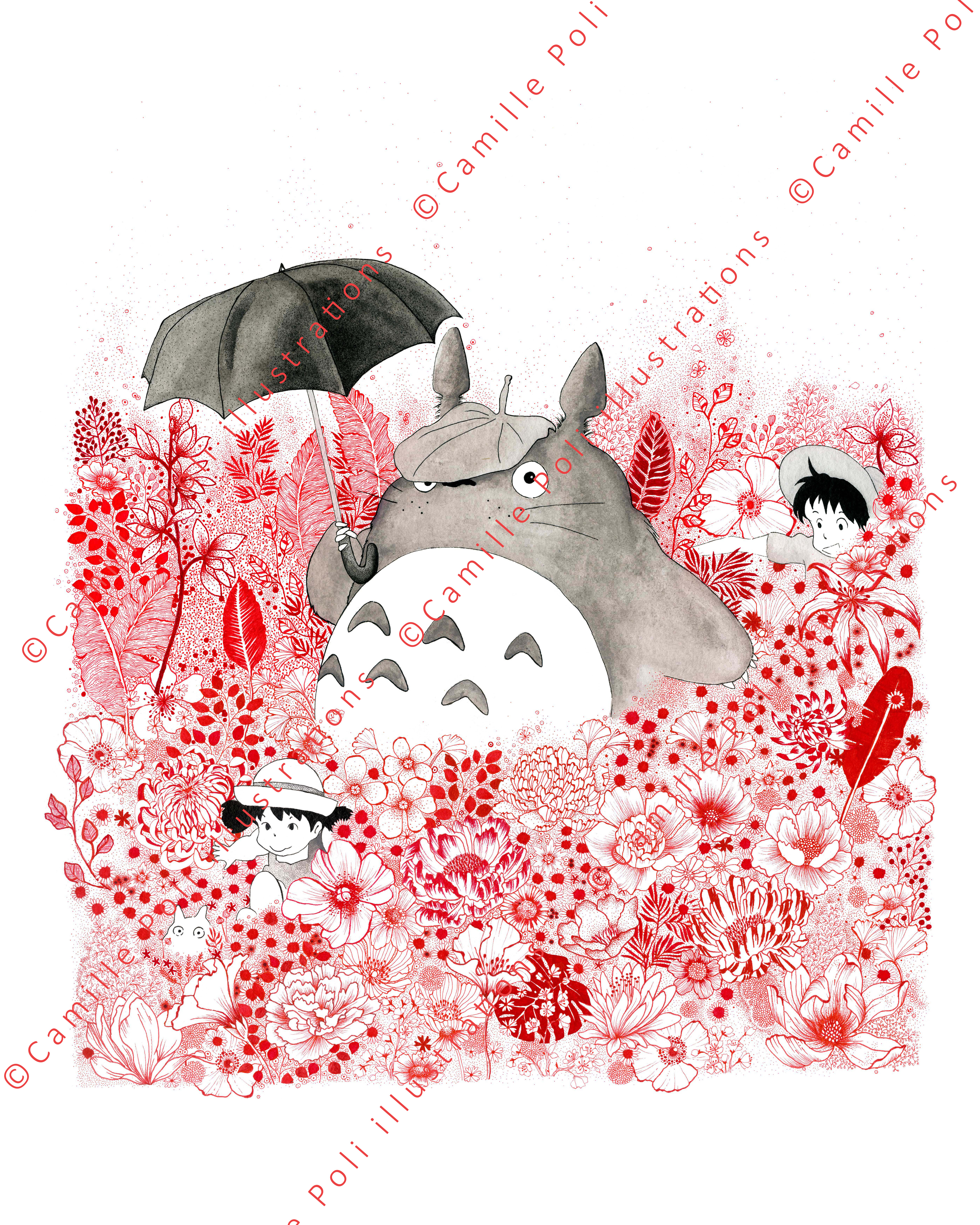 Totoro aux fleurs rouges