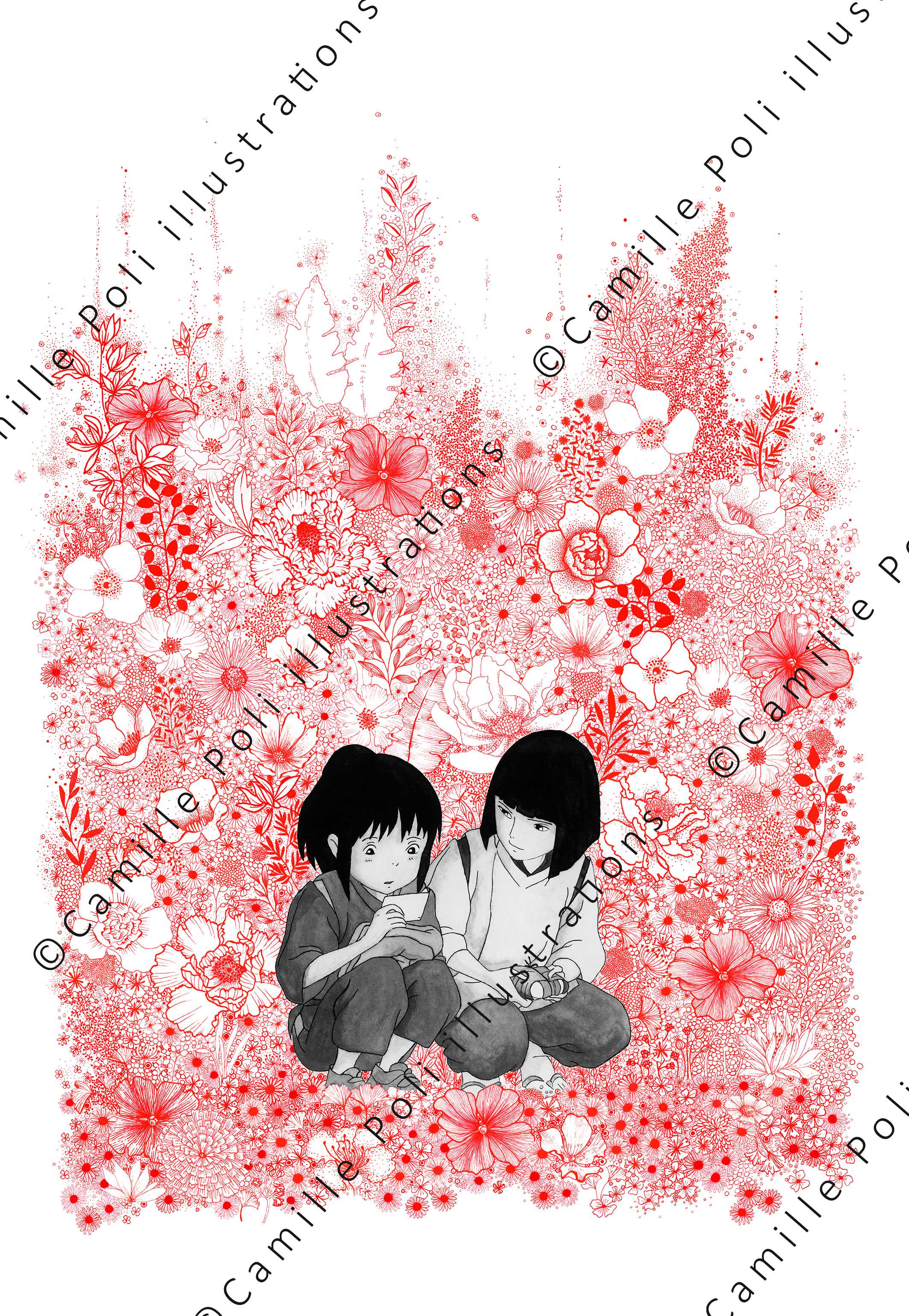 Chihiro aux fleurs rouges