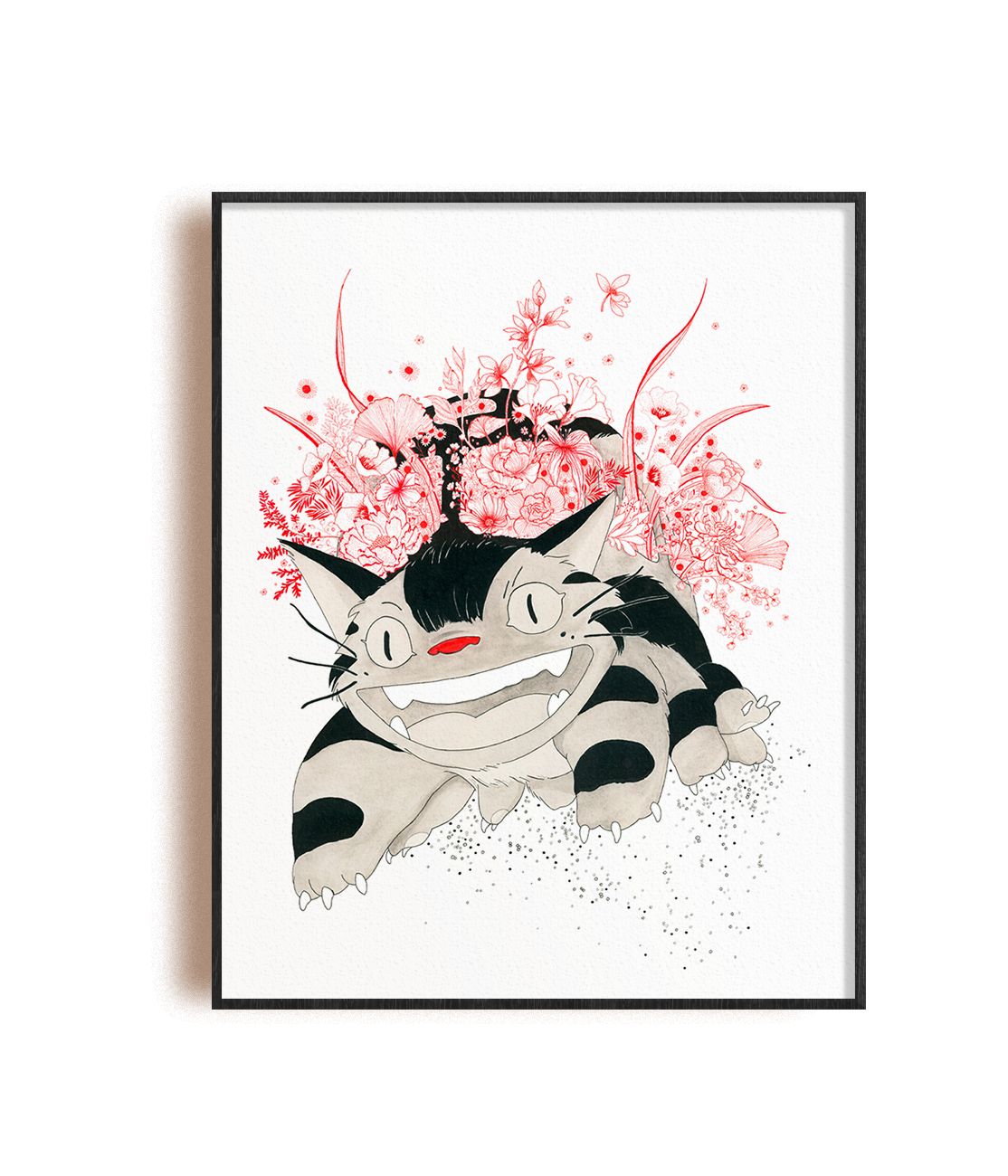 Chat bus aux fleurs rouges