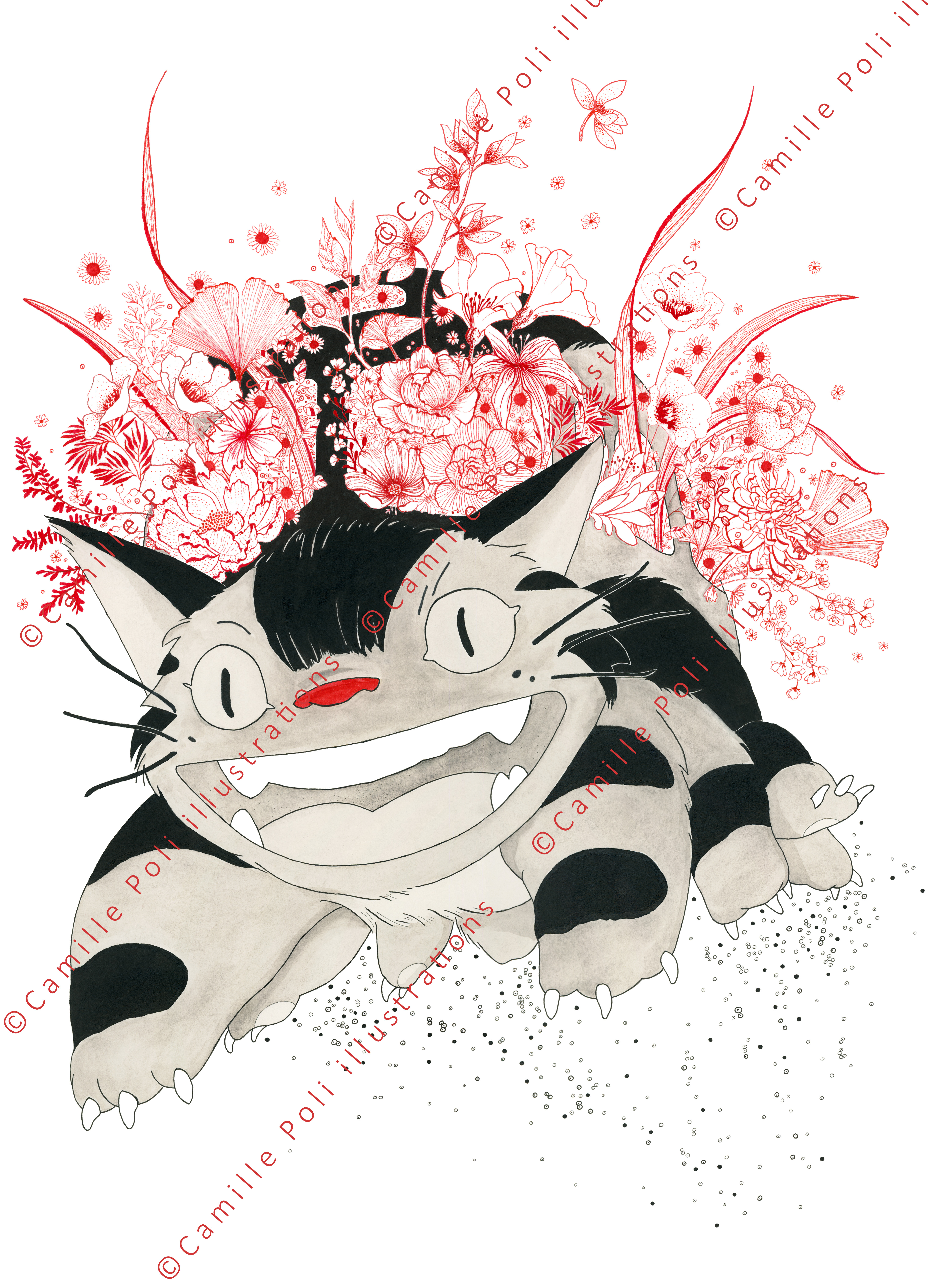 Chat bus aux fleurs rouges