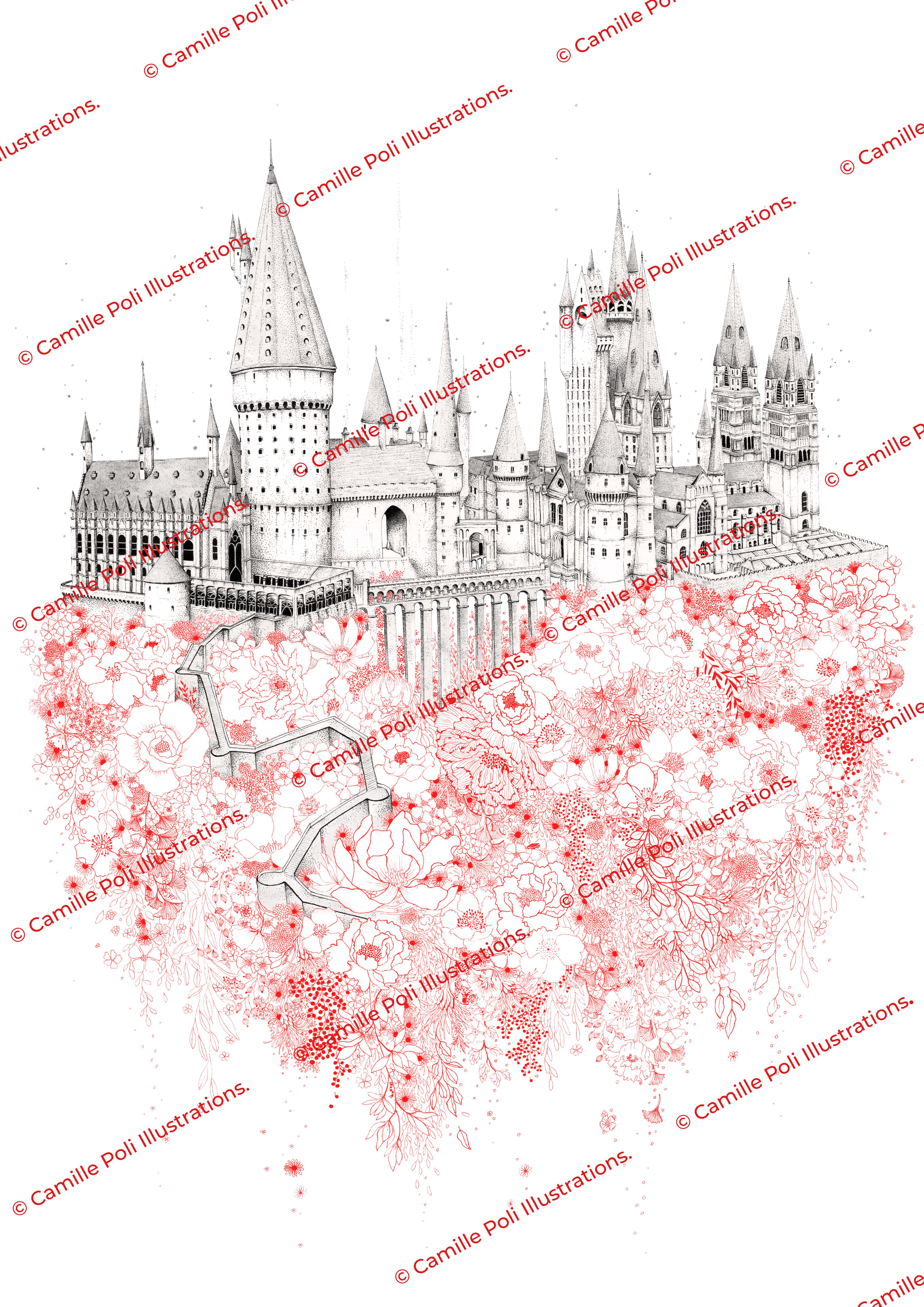 Le château de Poudlard aux fleurs rouges