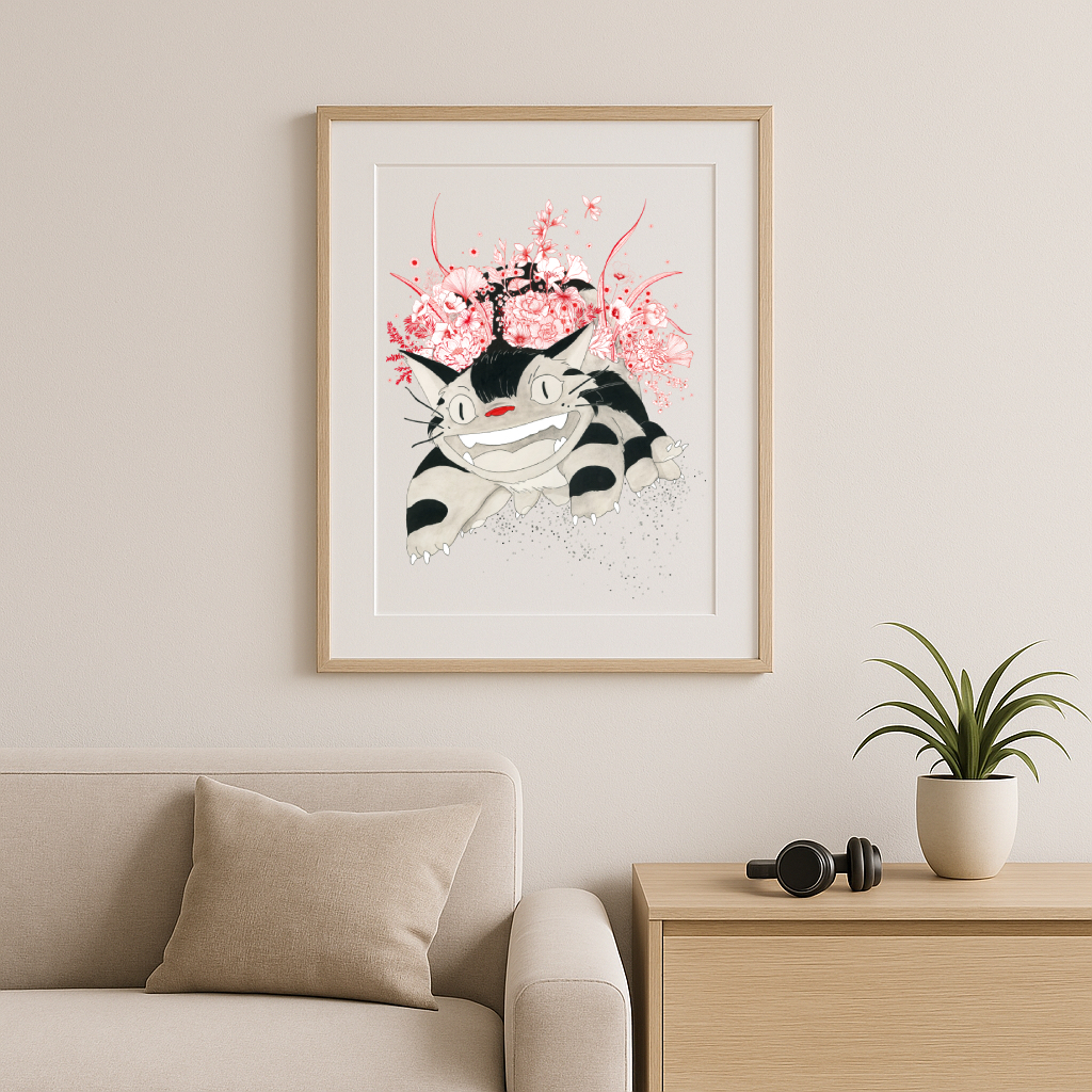 Chat bus aux fleurs rouges