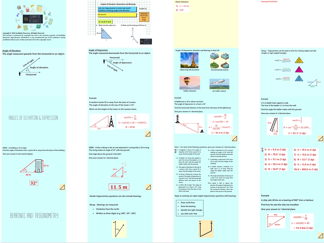 3.33 Angles of Elevation, Depression and Trigonometry with Bearings GCSE PowerPoint Lesson