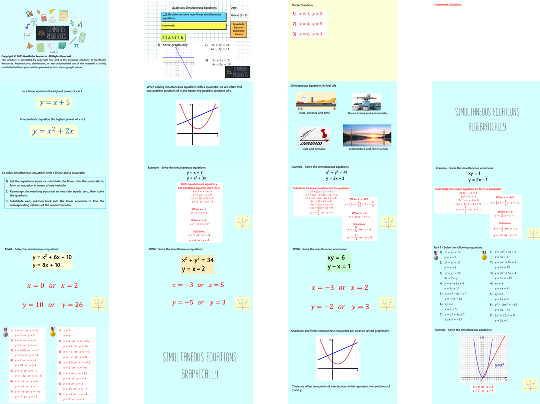 2.39 Quadratic (Non-Linear) Simultaneous Equations Higher GCSE PowerPoint Lesson