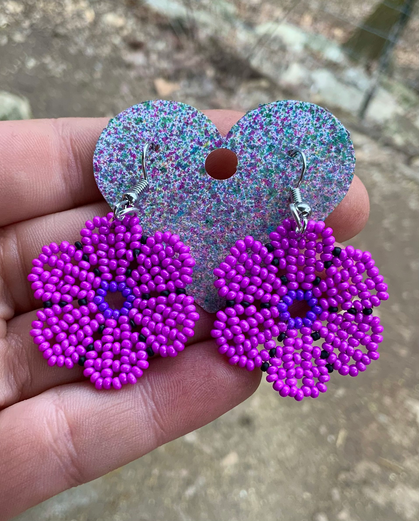 Bright purple beaded flower earrings