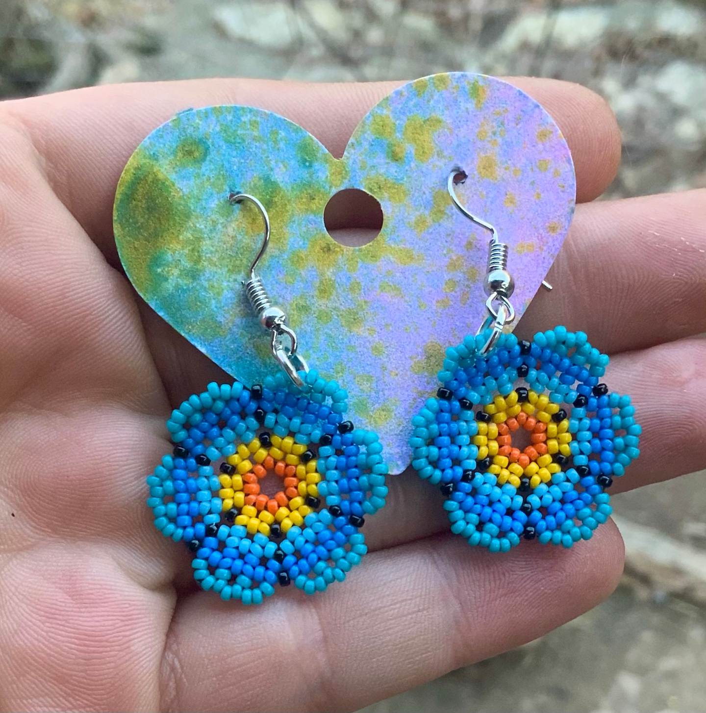 Blue and yellow beaded flower earrings