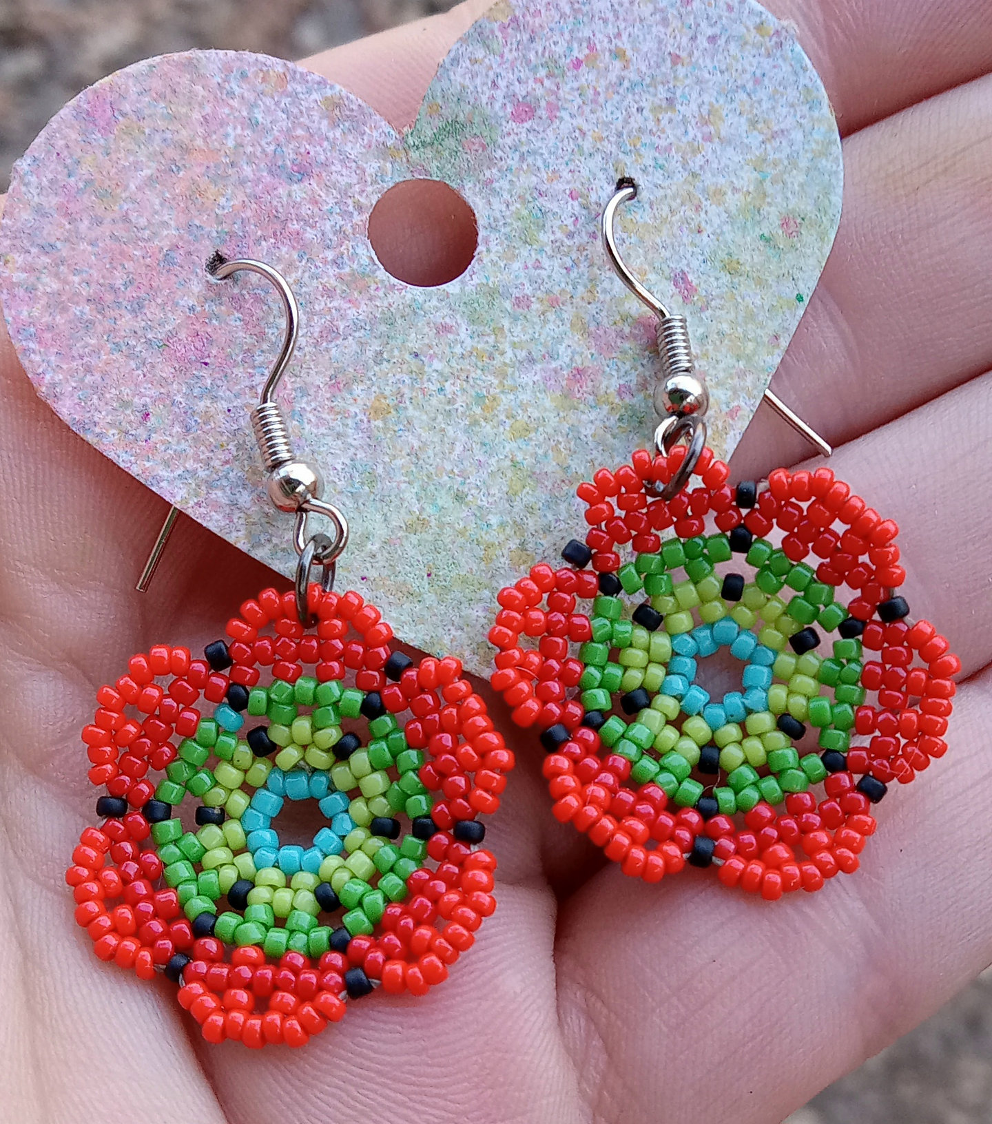 Red and green beaded flower earrings