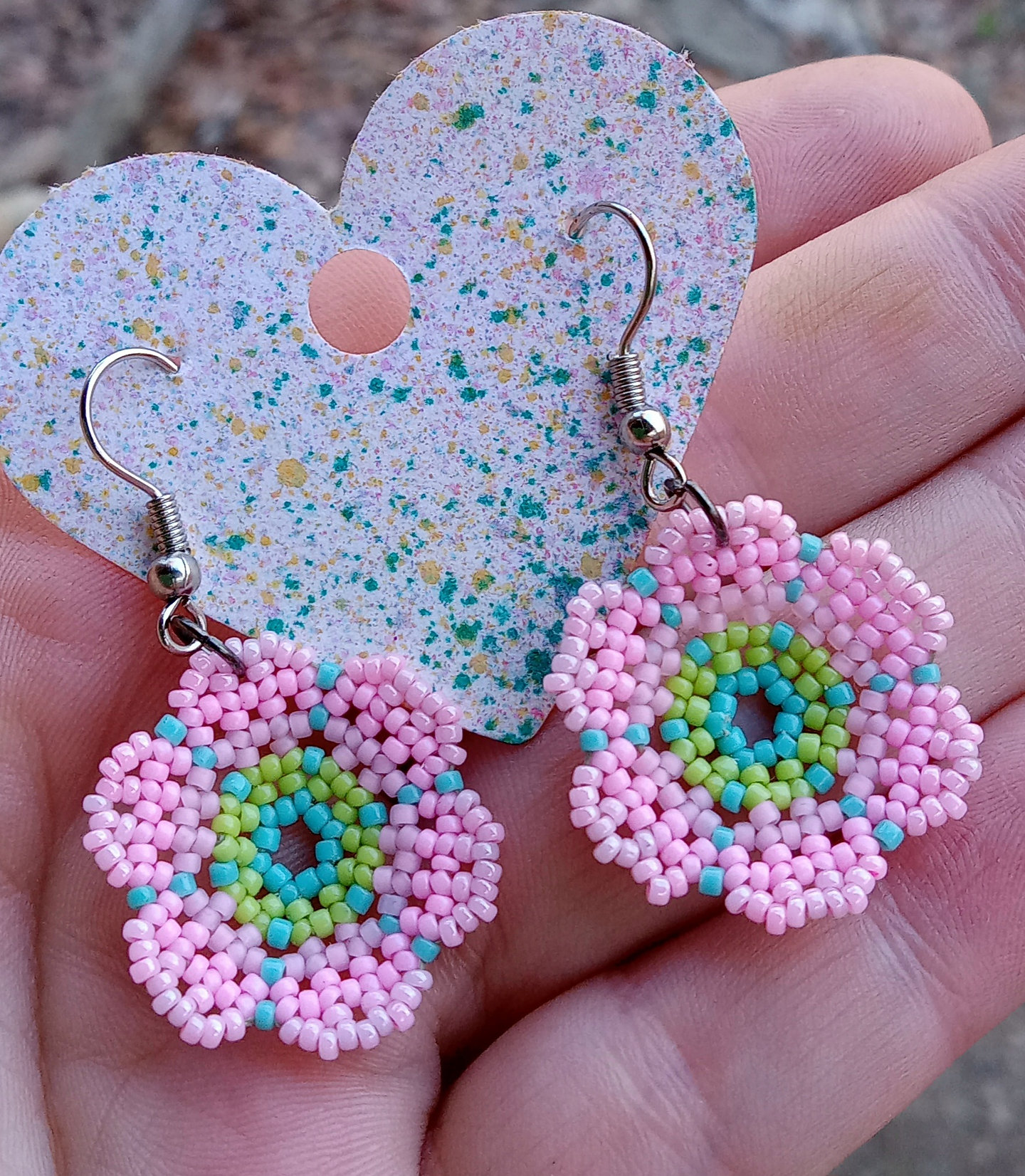 Pink and green beaded flower earrings