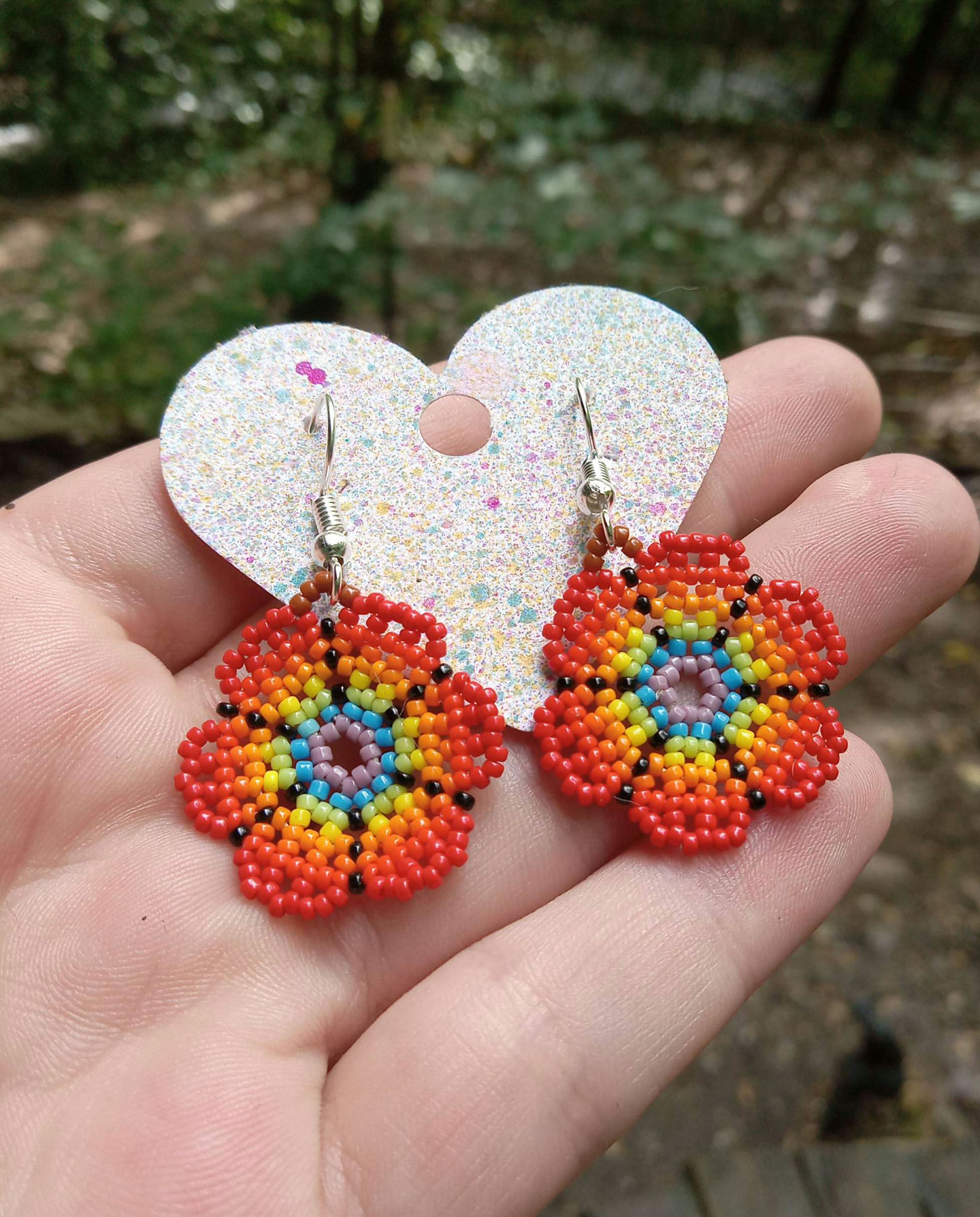 Rainbow beaded flower earrings
