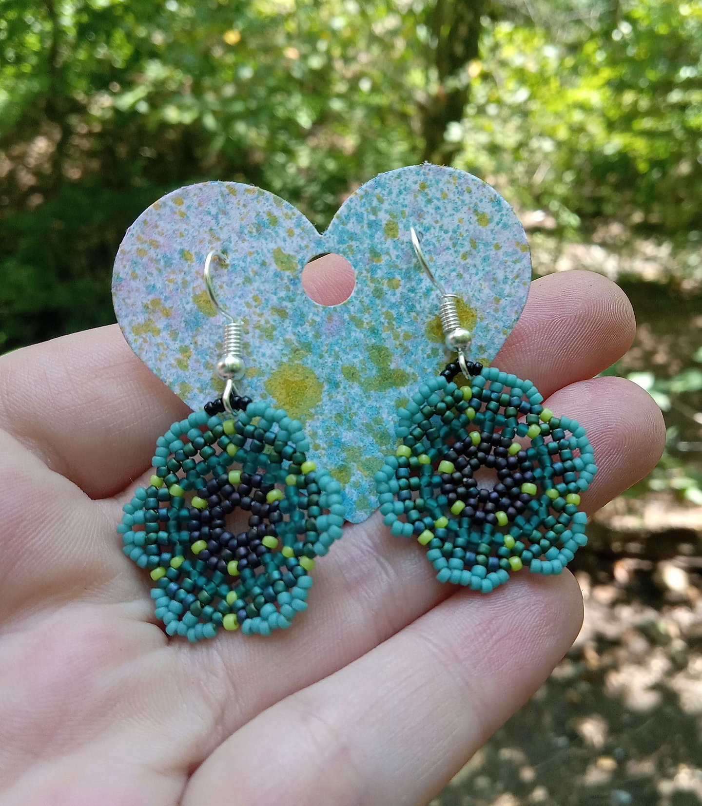 Greeny teal beaded flower earrings