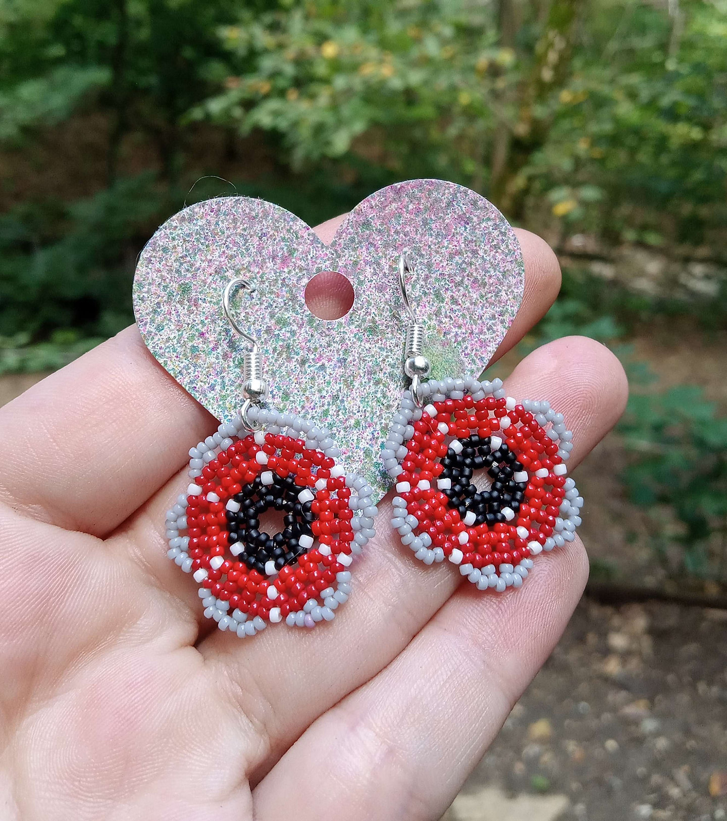 Black red and gray beaded flower earrings
