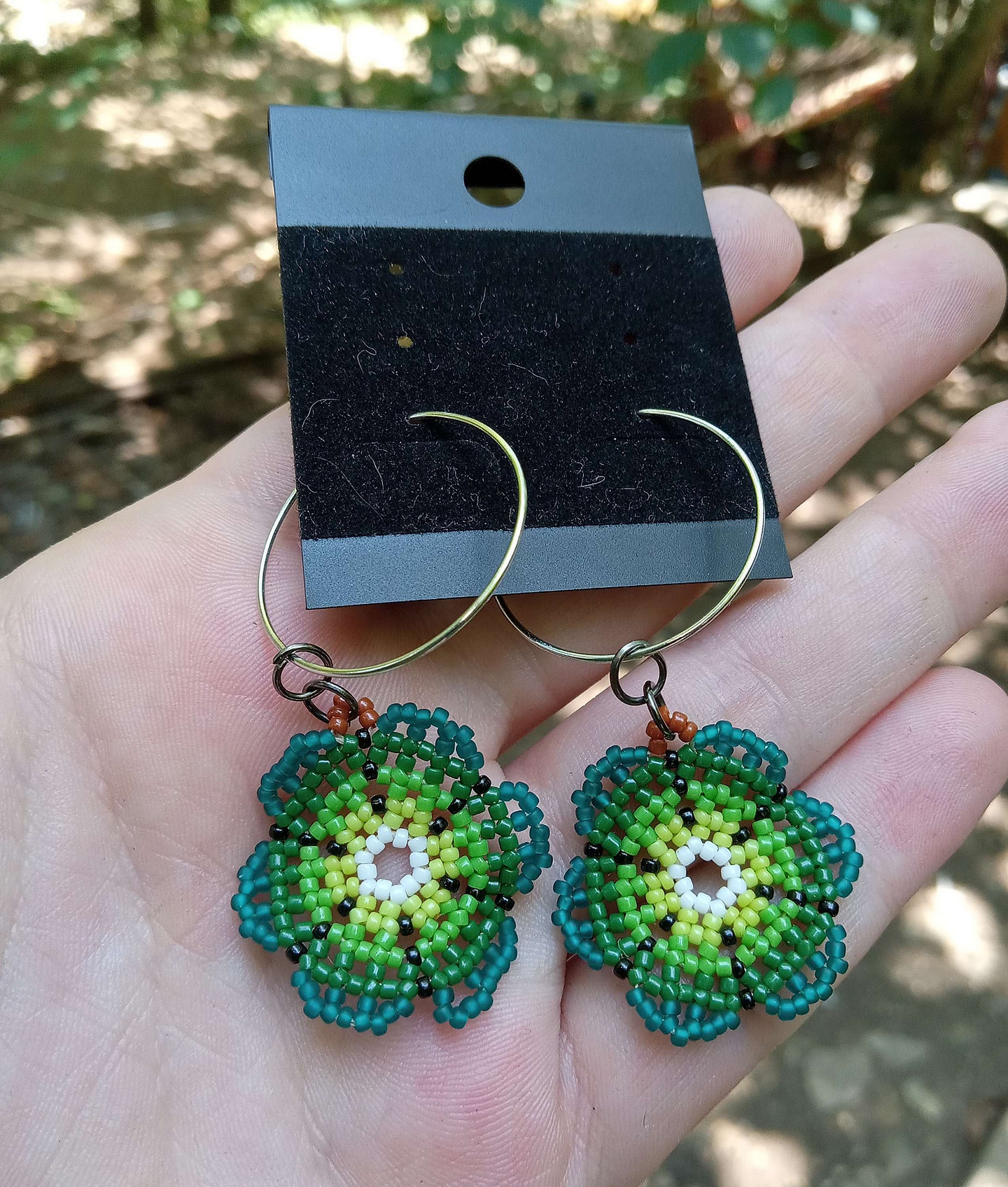 Green flower beaded earrings