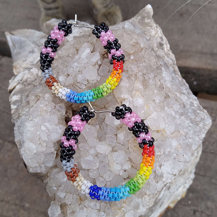 Pink and black with rainbows gourd stitched earrings