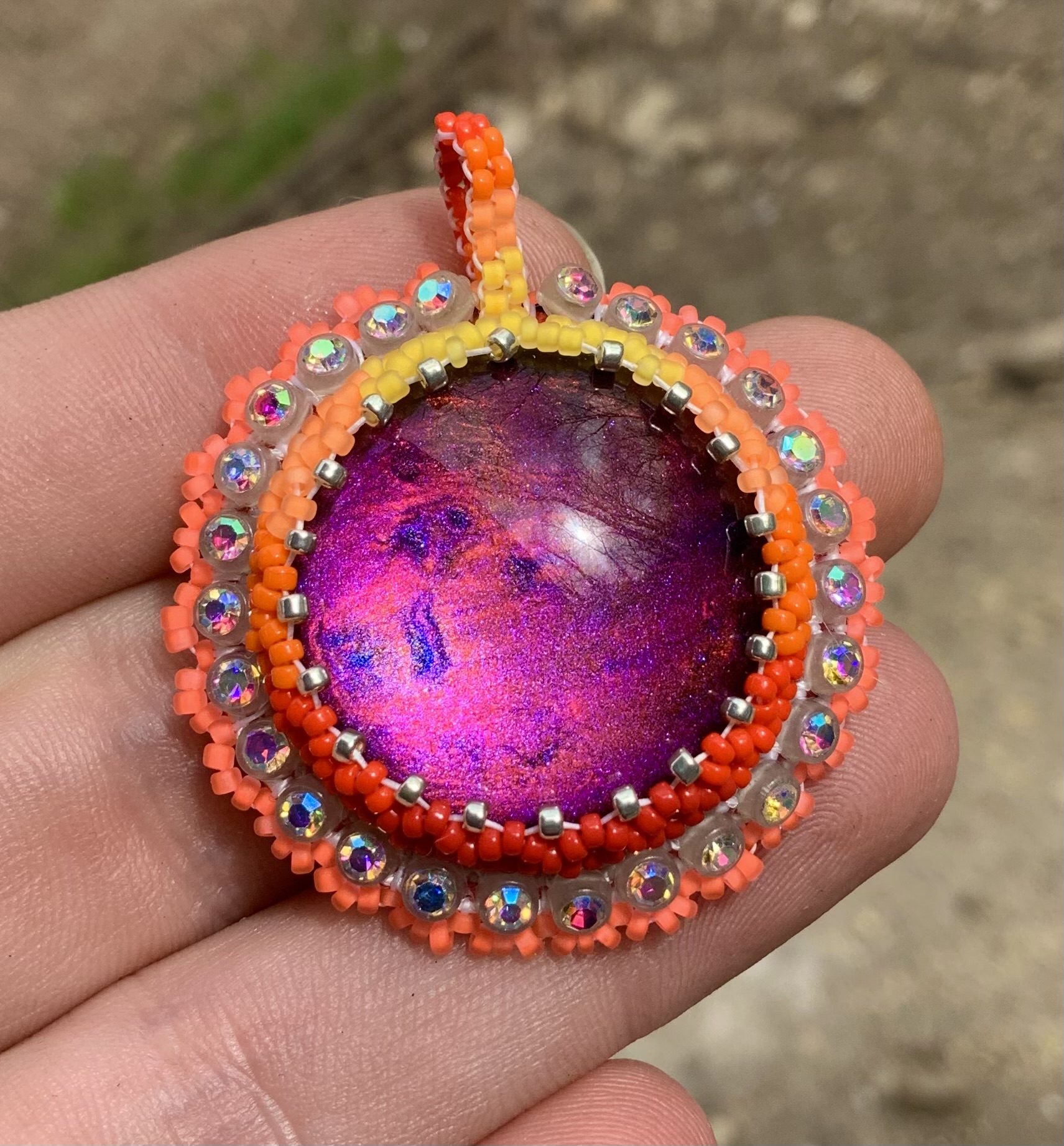 Firey purple moon beaded pendant
