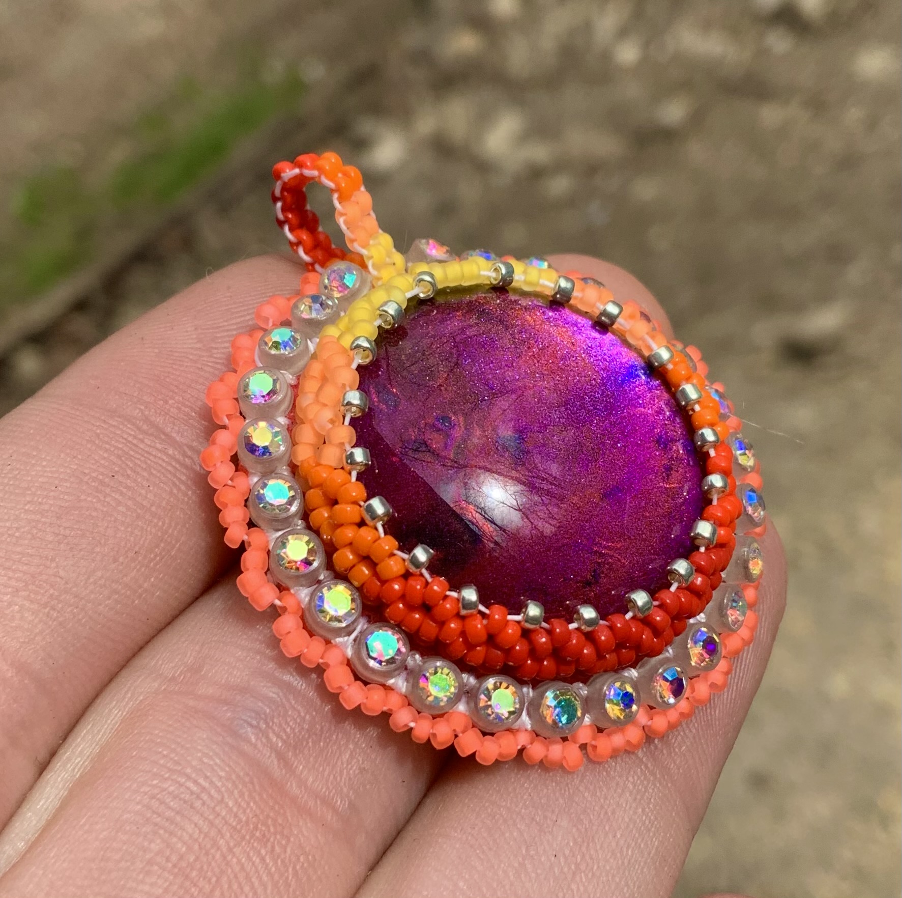 Firey purple moon beaded pendant