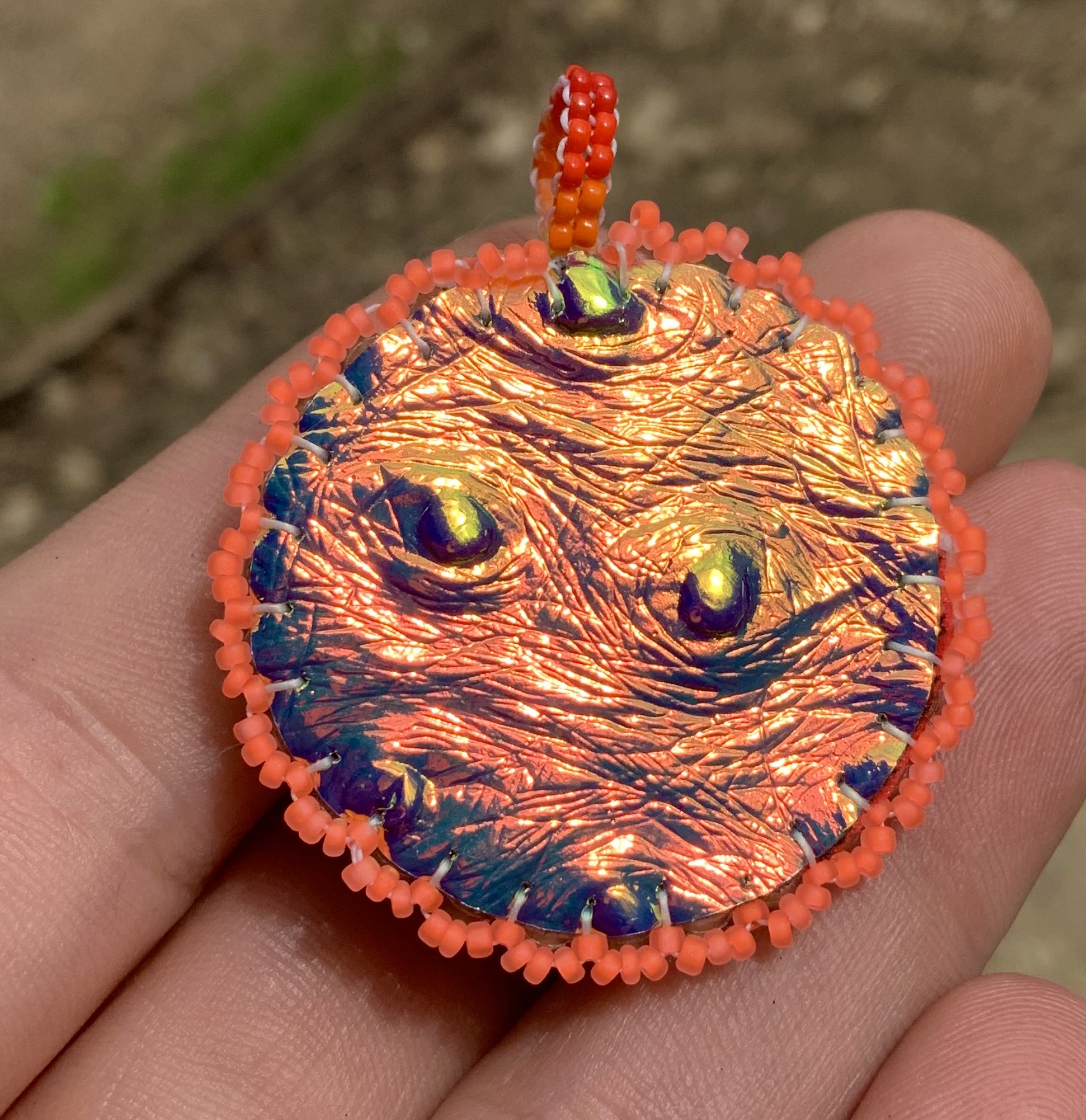 Firey purple moon beaded pendant