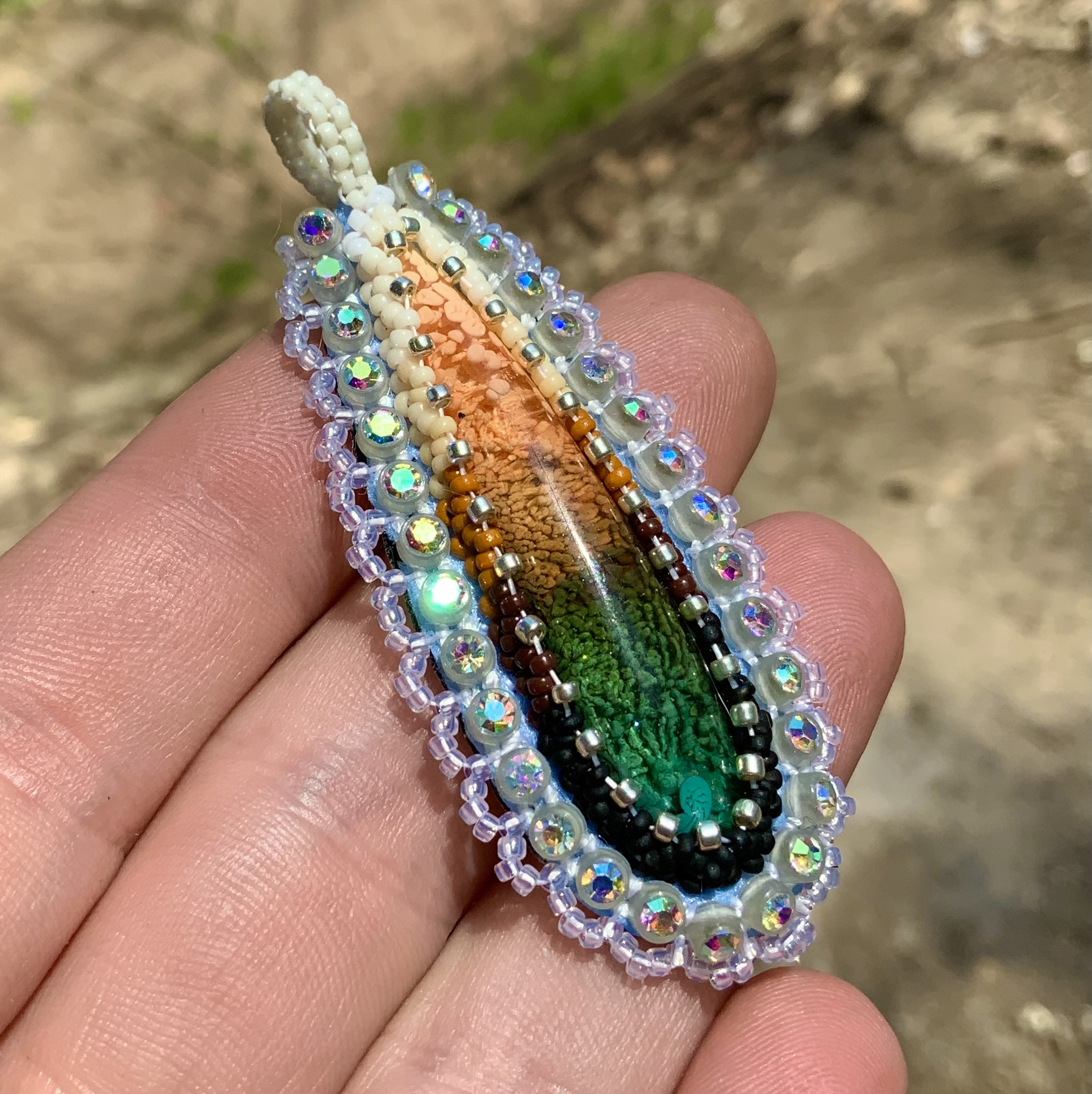 Earthy tear drop beaded pendant