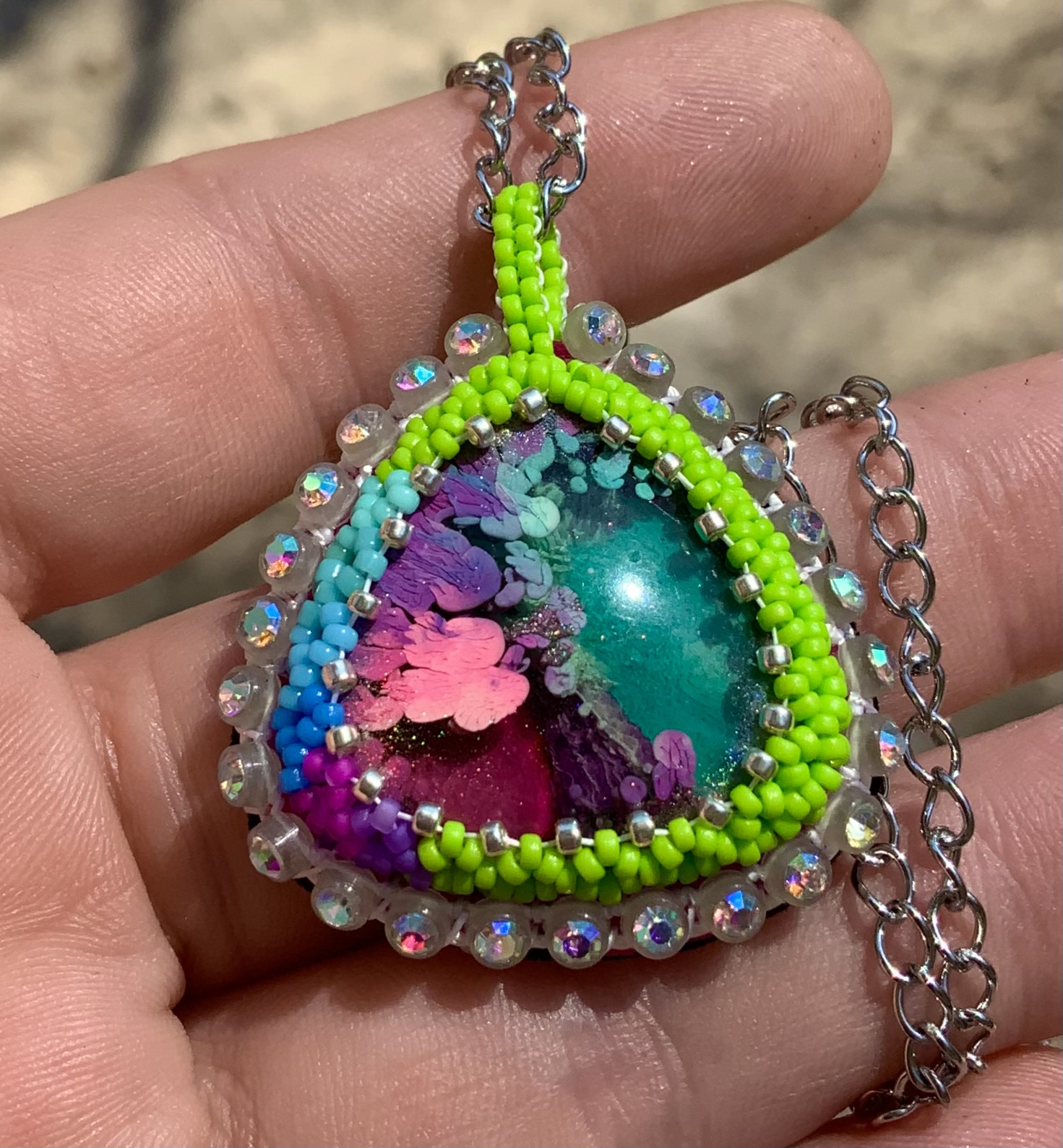Technicolor oil spill beaded pendant