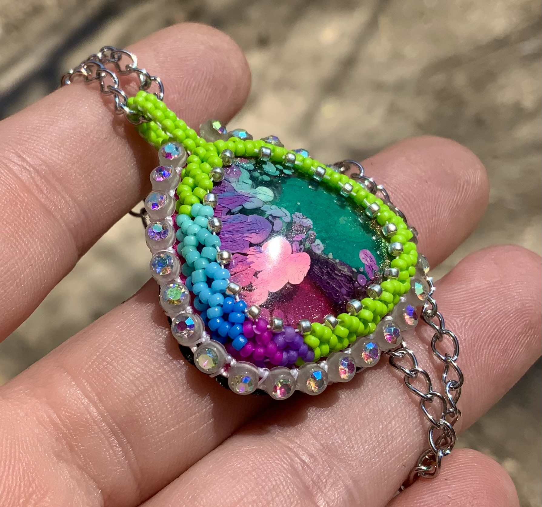 Technicolor oil spill beaded pendant