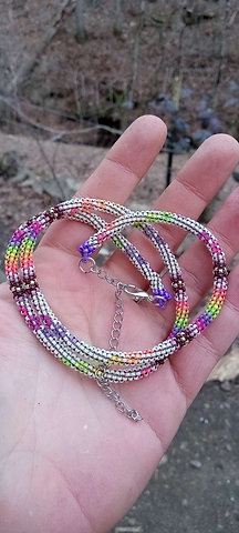 Blacklight reactive peyote stitched flower necklace
