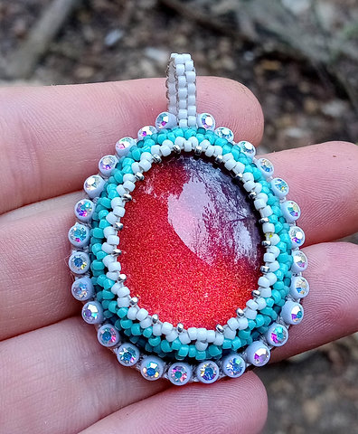 Fire and ice bead embroidered pendant