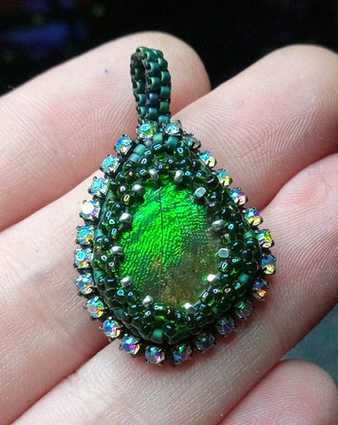 Ammolite bead embroidered pendant
