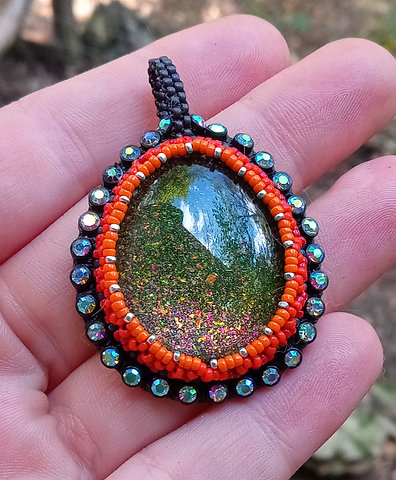 Ultra green flash bead embroidered pendant