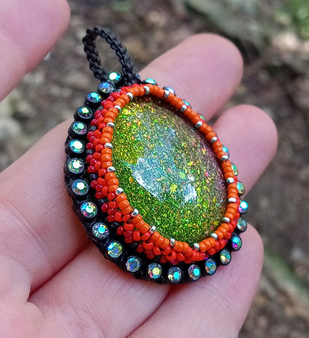 Ultra green flash bead embroidered pendant