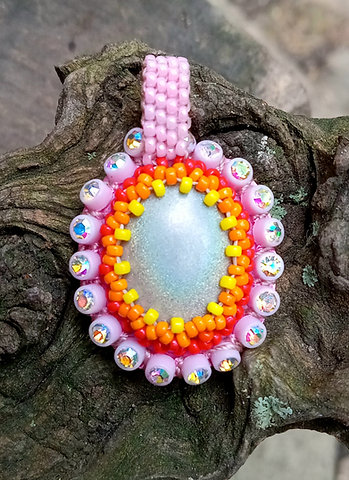 Cotton candy rainbow bead embroidered pendant