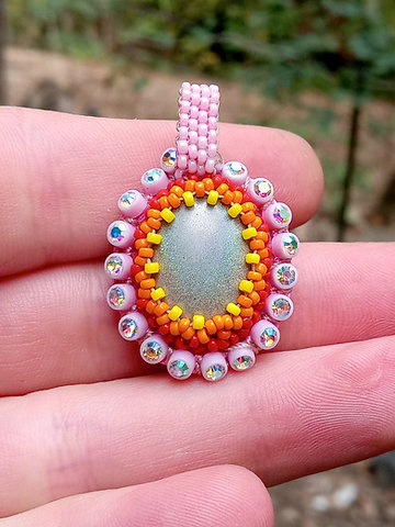 Cotton candy rainbow bead embroidered pendant