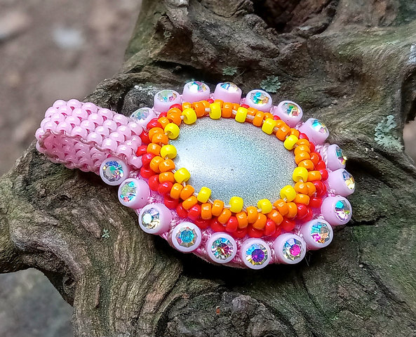 Cotton candy rainbow bead embroidered pendant