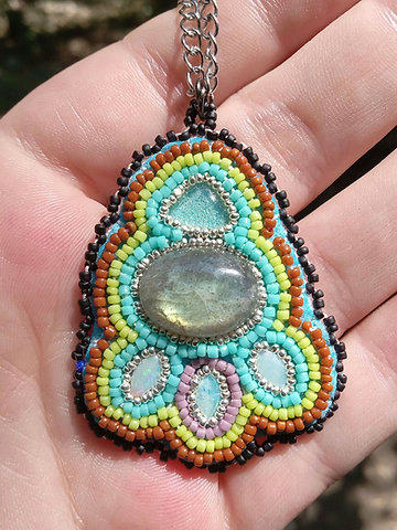 Opal and labradorite bead embroidered pendant