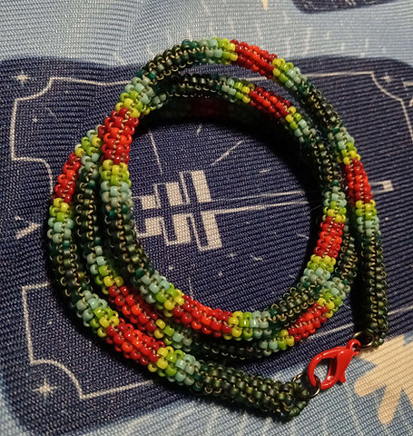 Red and green peyote stitched necklace