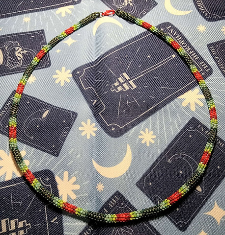 Red and green peyote stitched necklace