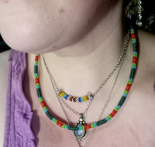 Red and green peyote stitched necklace
