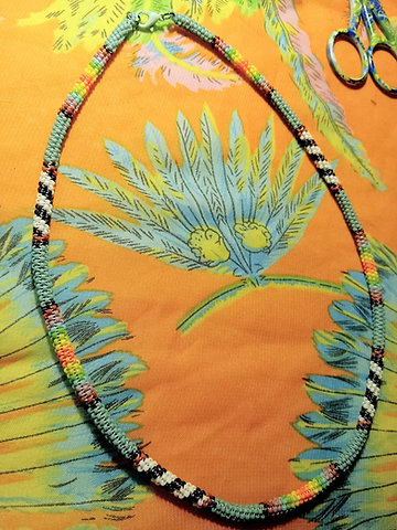 Sandy Teal and sunrise rainbow with black and white peyote stitched necklace
