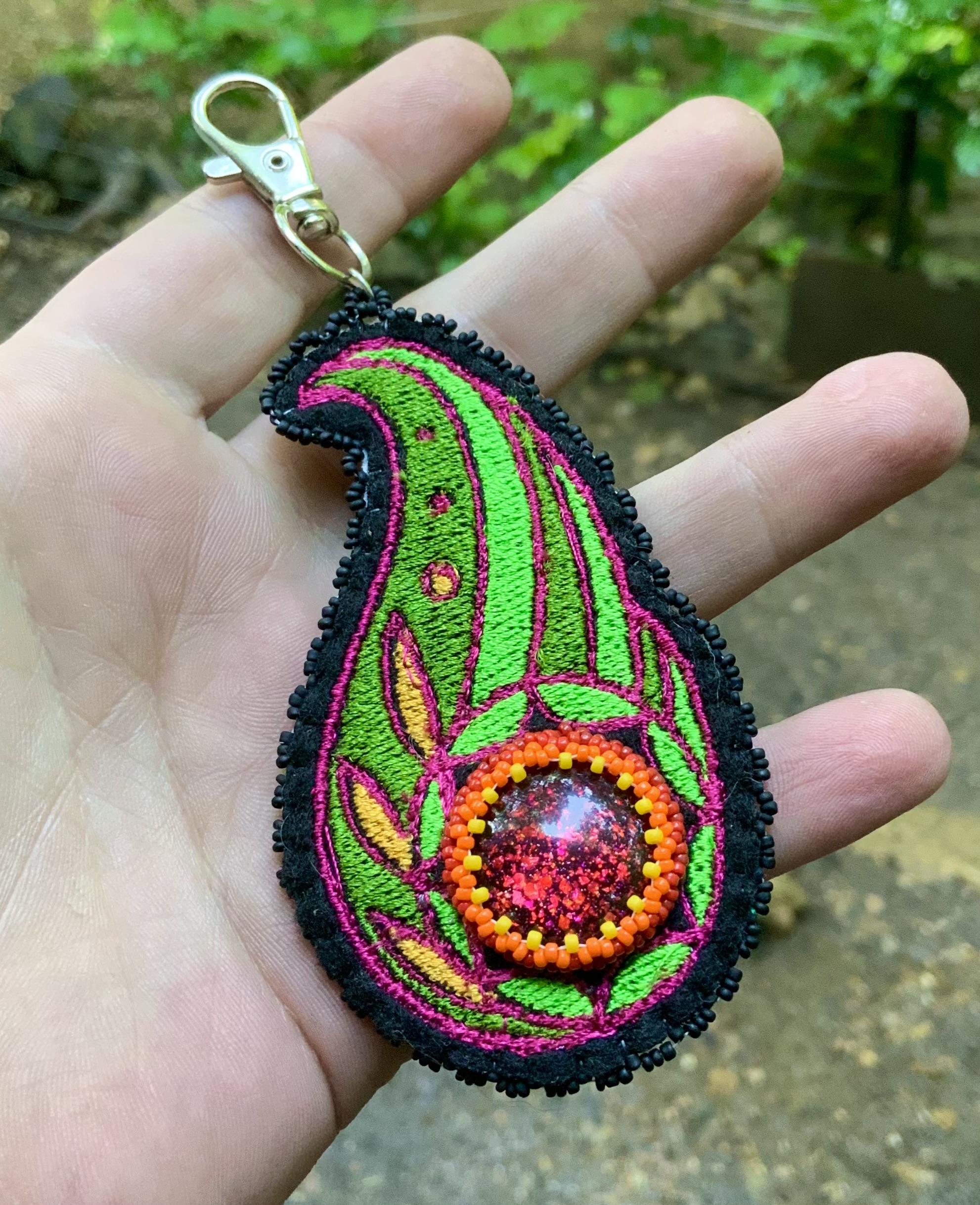 Green gold hybrid beaded and embroidered charm